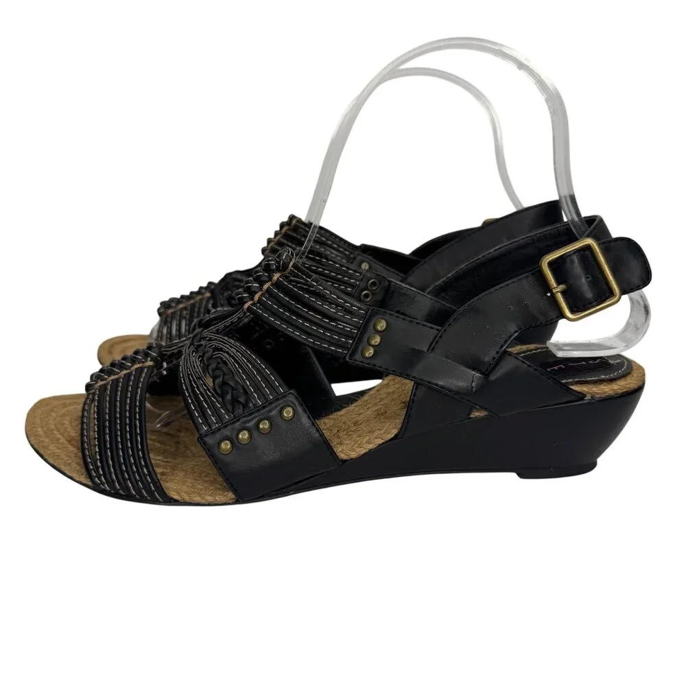 VTG Steven Steve Madden Black Faux Leather Strappy Wedge Sandal Braid Detail Sz8